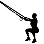 Female sillhouette, doing deep squats trx exercises with a rope isolated on white.